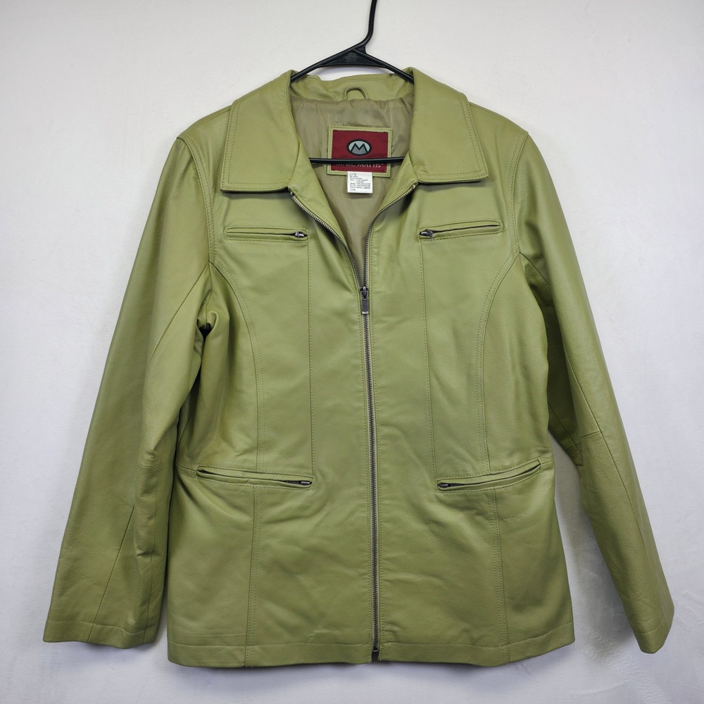 Marc Mattis Leather‎ Jacket Womens L Green Retro Moto Preppy Grinch Old Money